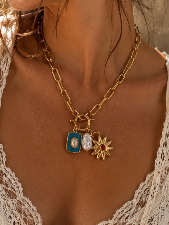 Mayamar Jewelry - New mayamar Gold Chain Charm Necklace with Turquoise, Pearl & Sun Charm